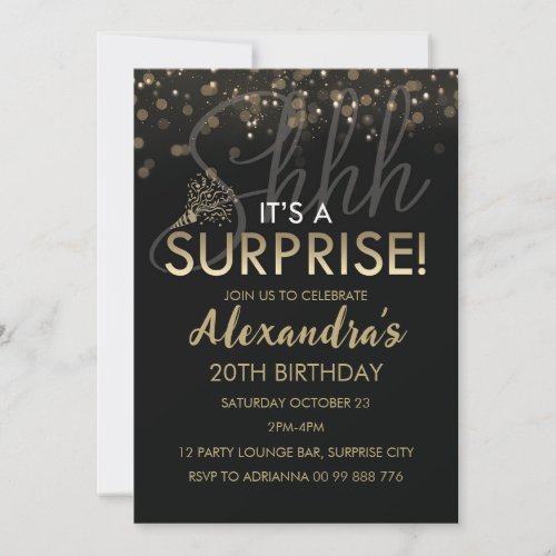 Surprise 20th Birthday Party Black Gold for women