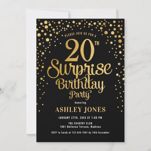 Surprise 20th Birthday Party _ Black  Gold Invitation