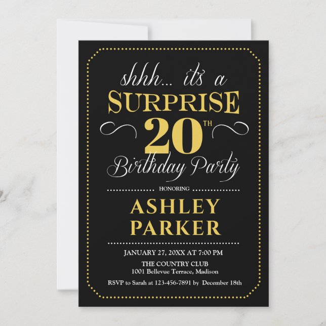 Surprise 20th Birthday Party - Black Gold Invitation (Front)