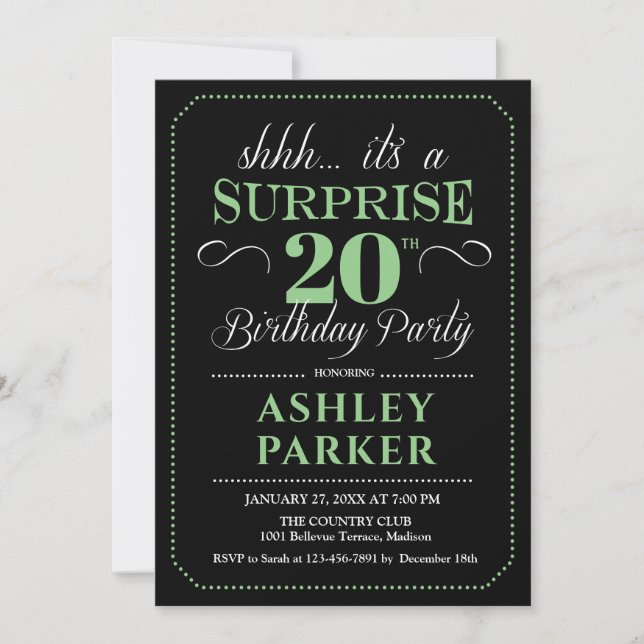 Surprise 20th Birthday Party - Black Green Invitation (Front)