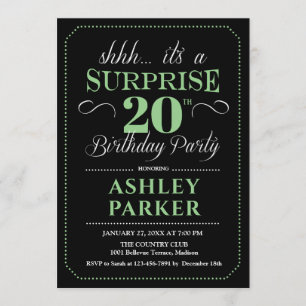 Surprise 20th Birthday Party - Black Green Invitation