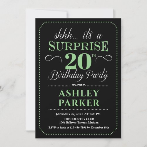 Surprise 20th Birthday Party _ Black Green Invitation