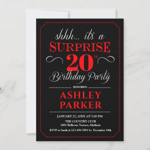 Surprise 20th Birthday Party _ Black Red White Invitation