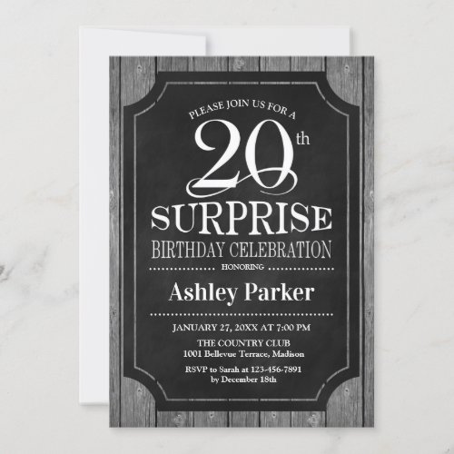 Surprise 20th Birthday Party _ Chalkboard White Invitation