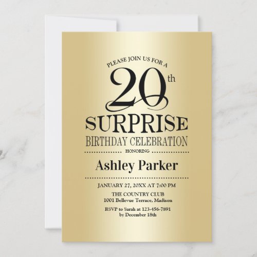 Surprise 20th Birthday Party _ Gold Invitation