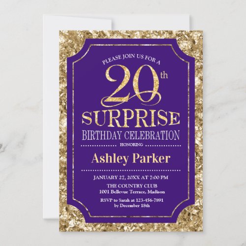 Surprise 20th Birthday Party _ Gold Purple Invitation