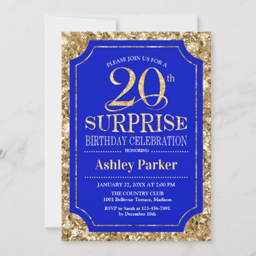 Surprise 20th Birthday Party _ Gold Royal Blue Invitation