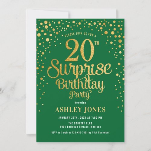 Surprise 20th Birthday Party _ Green  Gold Invitation