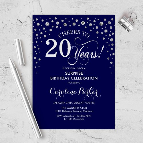 Surprise 20th Birthday Party _ Navy Silver Invitation