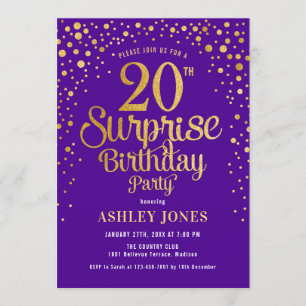 Surprise 20th Birthday Party - Purple & Gold Invitation