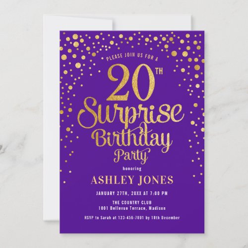 Surprise 20th Birthday Party _ Purple  Gold Invitation