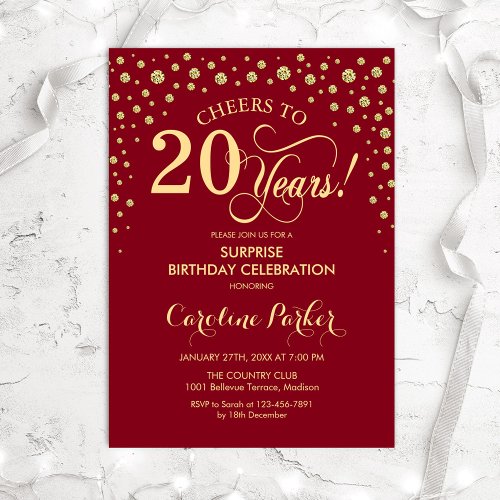 Surprise 20th Birthday Party _ Red Gold Invitation