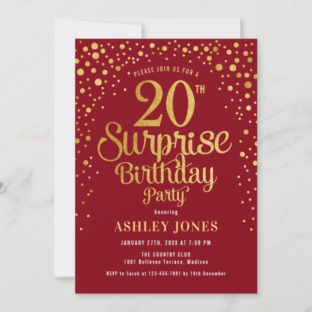 Surprise 20th Birthday Party - Red & Gold Invitation (Front)