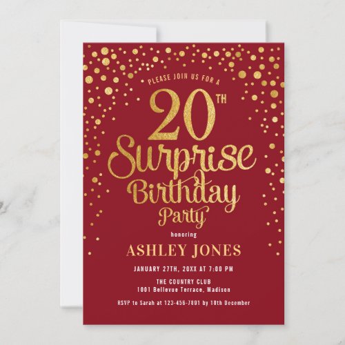 Surprise 20th Birthday Party _ Red  Gold Invitation