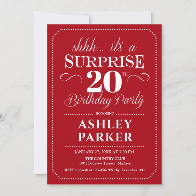 Surprise 20th Birthday Party - Red White Invitation (Front)