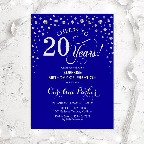 Surprise 20th Birthday Party _ Royal Blue Silver Invitation