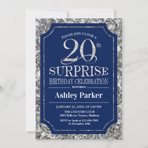 Surprise 20th Birthday Party _ Silver Navy Blue Invitation