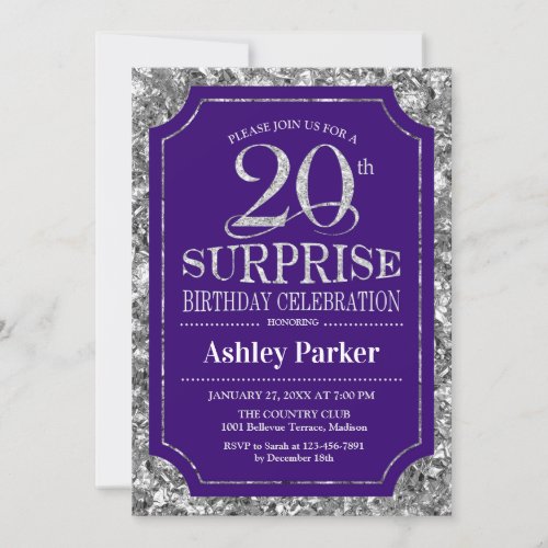 Surprise 20th Birthday Party _ Silver Purple Invitation