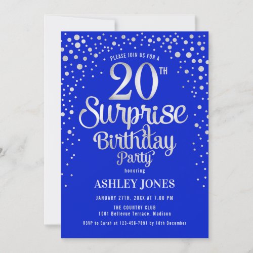 Surprise 20th Birthday Party _ Silver  Royal Blue Invitation