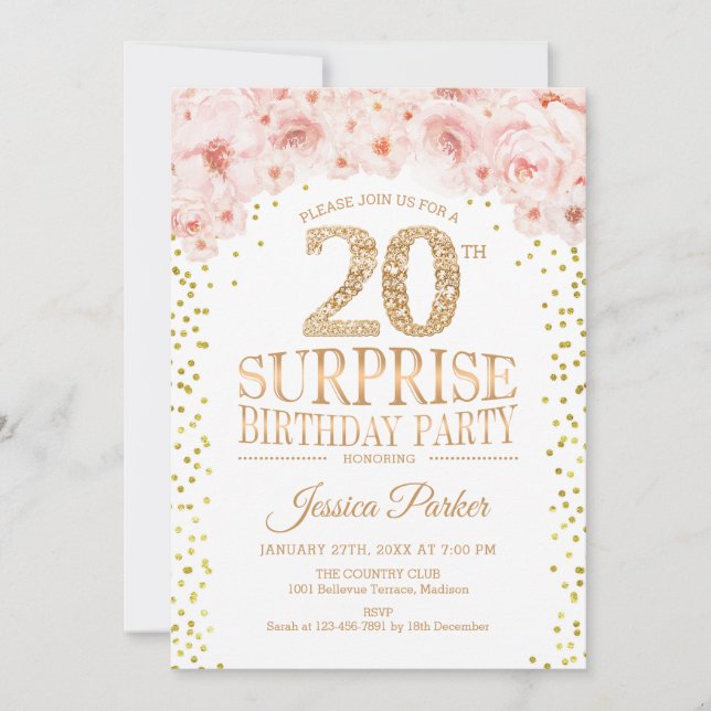 Surprise 20th Birthday Party - White Gold Pink Invitation (Front)