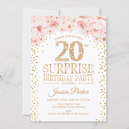 Surprise 20th Birthday Party _ White Gold Pink Invitation