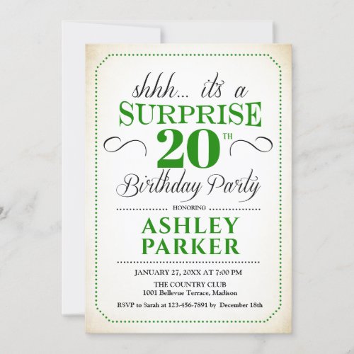 Surprise 20th Birthday Party _ White Green Invitation
