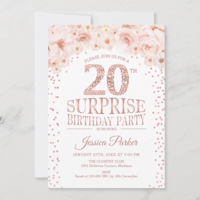Surprise 20th Birthday Party - White Rose Gold Invitation (Front)