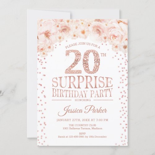 Surprise 20th Birthday Party _ White Rose Gold Invitation