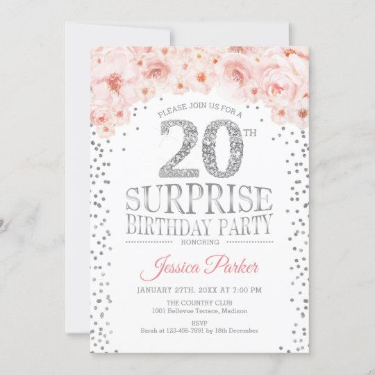 Surprise 20th Birthday Party - White Silver Pink Invitation | Zazzle.com