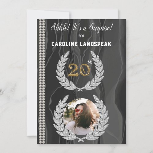 Surprise 20th Birthday Photo Gold Pearls  Silk Invitation