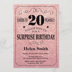 Surprise 20th Birthday Pink Rose Gold Glitter Invitation