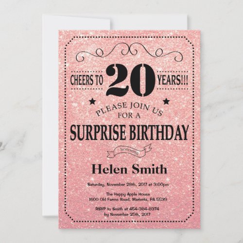 Surprise 20th Birthday Pink Rose Gold Glitter Invitation