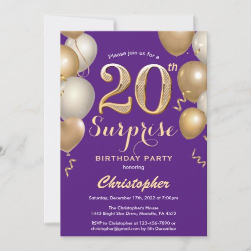 Surprise 20th Birthday Purple and Gold Balloons Invitation