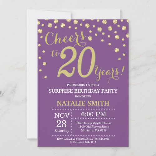 Surprise 20th Birthday Purple and Gold Diamond Invitation