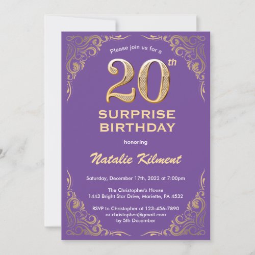 Surprise 20th Birthday Purple and Gold Glitter Invitation