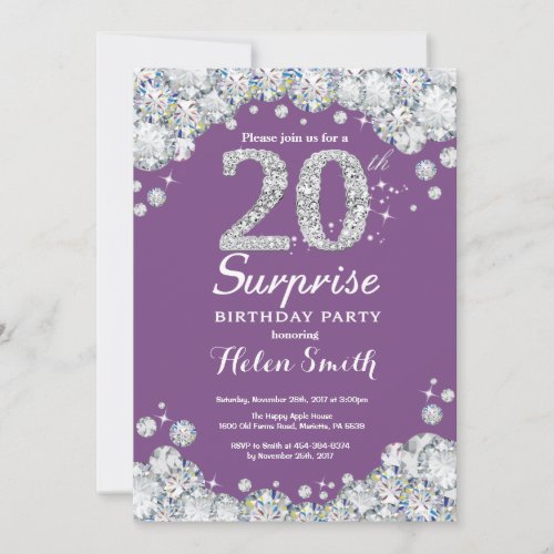 Surprise 20th Birthday Purple and Silver Diamond Invitation