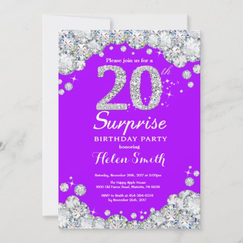 Surprise 20th Birthday Purple and Silver Diamond Invitation