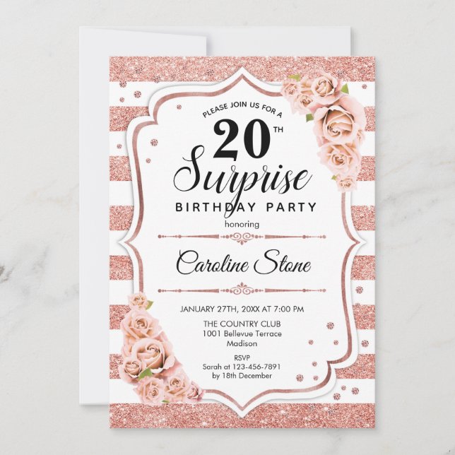 Surprise 20th Birthday -  Rose Gold White Pink Invitation (Front)