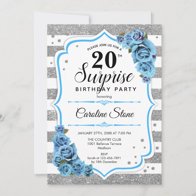 Surprise 20th Birthday - Silver White Blue Invitation (Front)