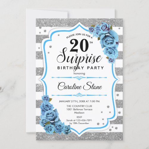 Surprise 20th Birthday _ Silver White Blue Invitation