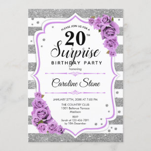 Surprise 20th Birthday - Silver White Purple Invitation