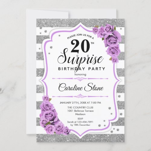 Surprise 20th Birthday _ Silver White Purple Invitation