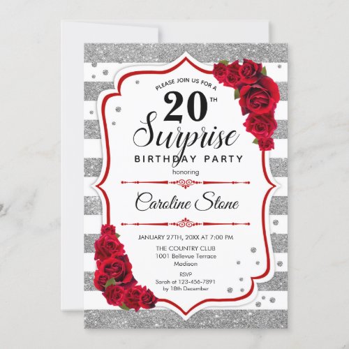 Surprise 20th Birthday _ Silver White Red Invitation