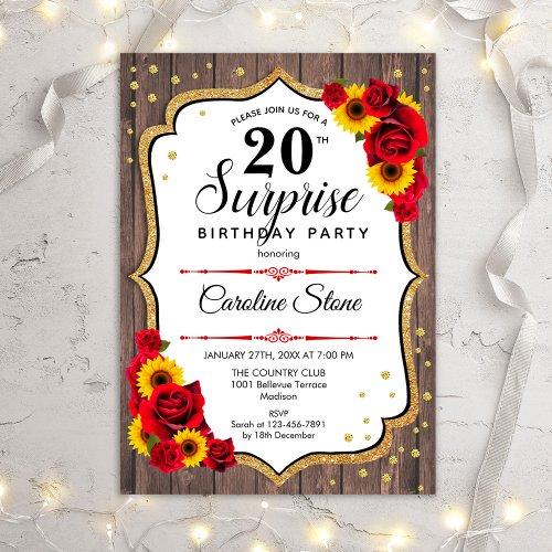 Surprise 20th Birthday _ Sunflowers Rustic Wood Invitation