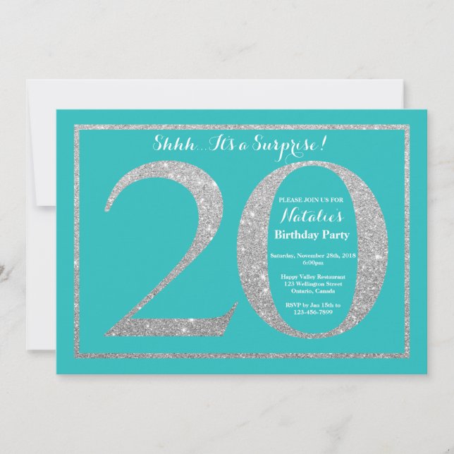 Surprise 20th Birthday Teal and Silver Glitter Invitation (Front)