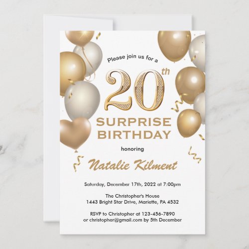 Surprise 20th Birthday White and Gold Balloons Invitation