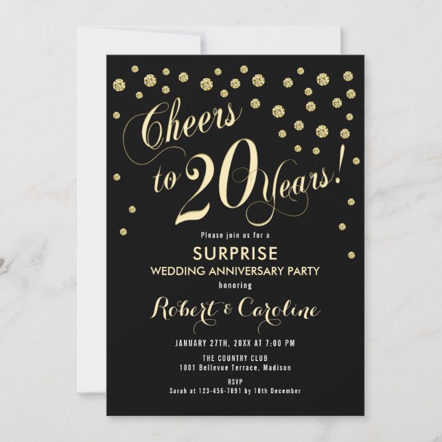 Surprise 20th Wedding Anniversary - Black & Gold Invitation (Front)