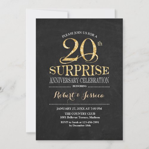 Surprise 20th Wedding Anniversary Chalkboard Gold Invitation