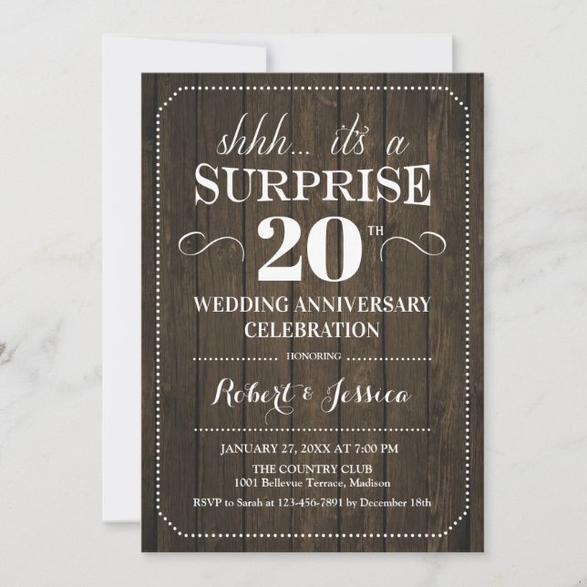 Surprise 20th Wedding Anniversary - Rustic Wood Invitation (Front)