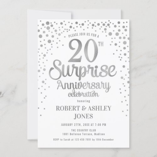 Surprise 20th Wedding Anniversary _ Silver  White Invitation